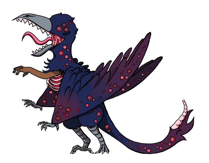 Character design concept and turn-around of The Bird (horror version). Side Profile for animation guide.