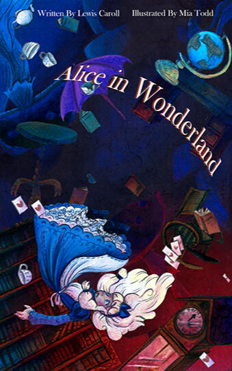 A concept design for the book cover of Alice in Wonderland by Lewis Caroll. Paper-cut illustrations made with colour pencil and alcohol markers. Digital refinements.