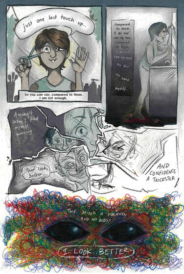 Colour pencil and digital mock-up in collaboration with Tryphena Hewett and Benzin Bullock. This comic book page was the start of a 3 page series about mental health and appearance.